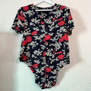 Madewell Women Floral Print Tie-Front Short Sleeve Blouse Medium Navy Red Casual
